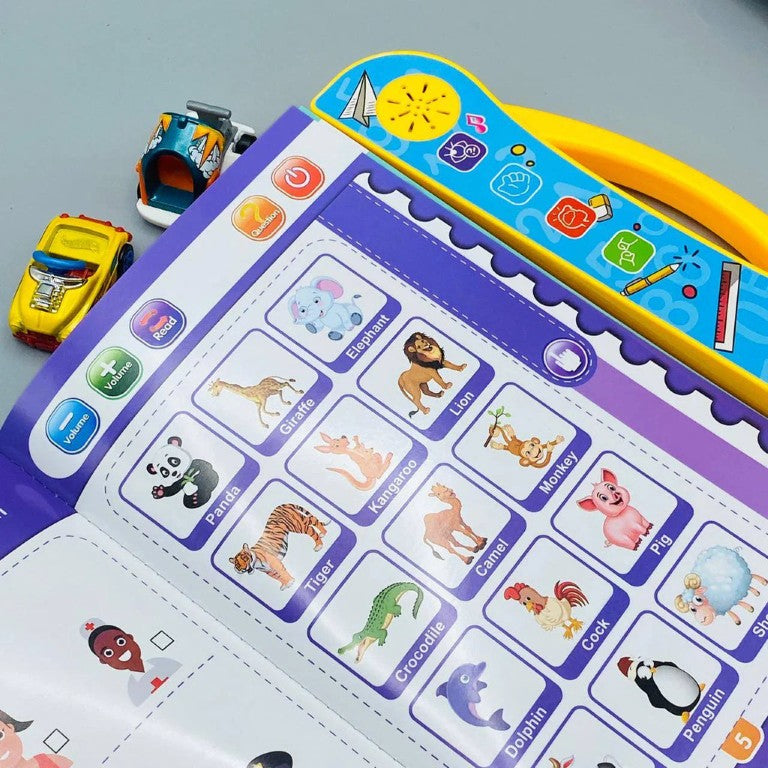 Interactive phonetic learning book with audio buttons for alphabets words and spellings